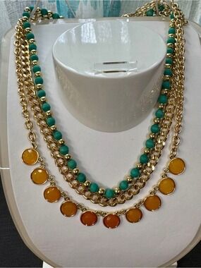 Lane Bryant Gold-Tone Layered Necklace with Teal Beads and Amber Discs